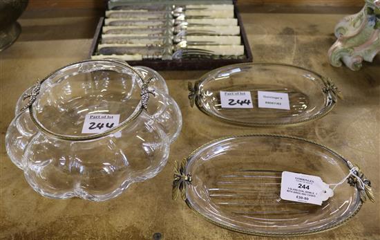 3 glass oval bowls , 1 with birds and cased cutlery(-)